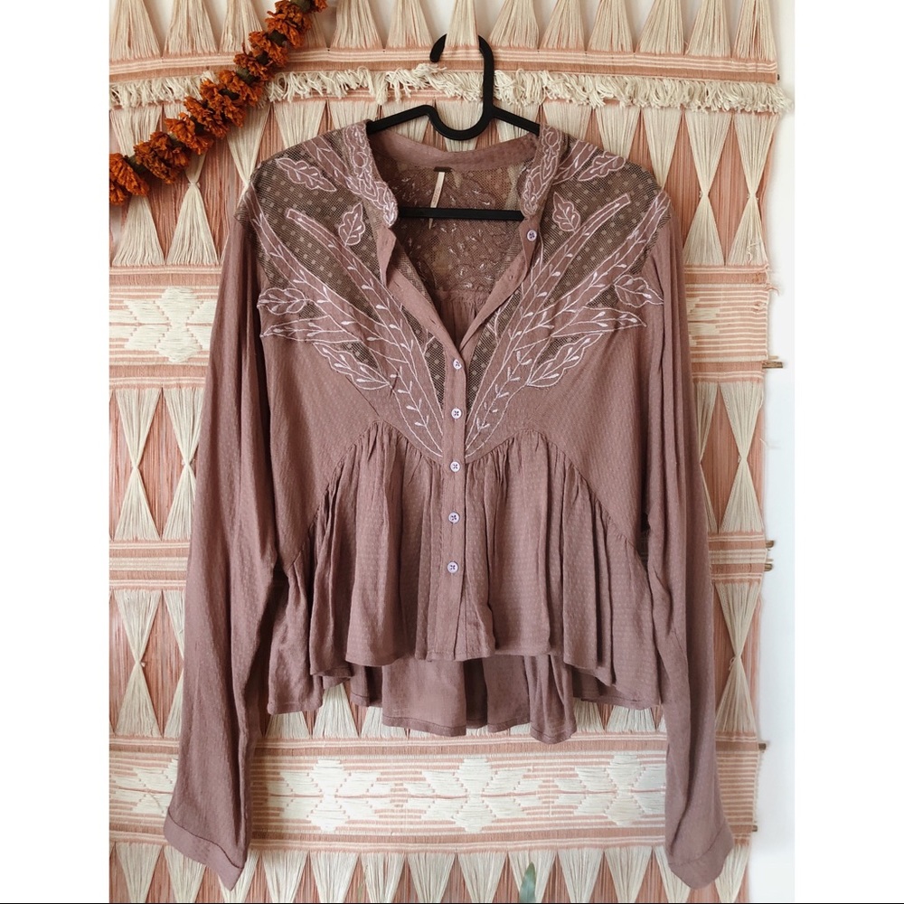 Free People Embroidered Button Up Crop Blouse
